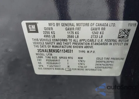 2016 Chevrolet Equinox Ls из США, поврежденный, VIN 2GNALBEK9G1134531